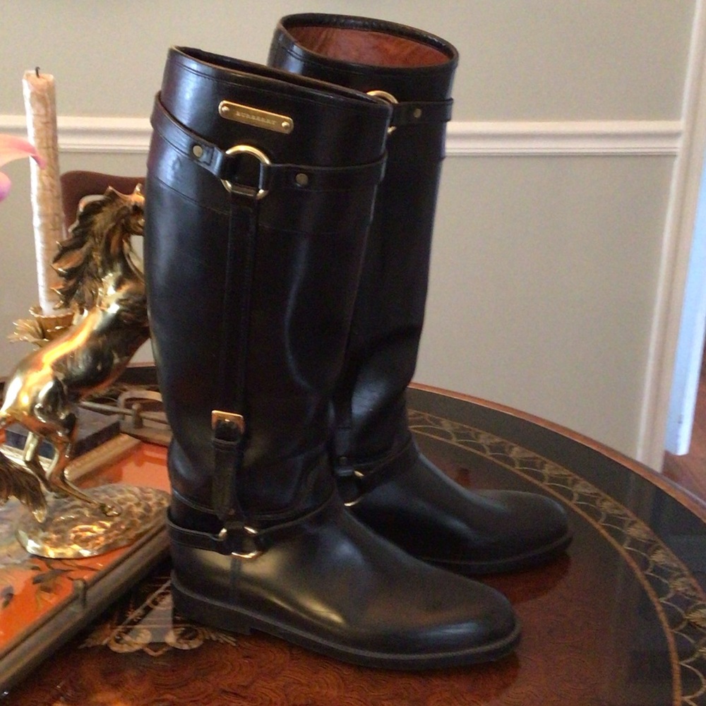 Burberry Black Leather Equestrian Tall Riding Rain Boots
